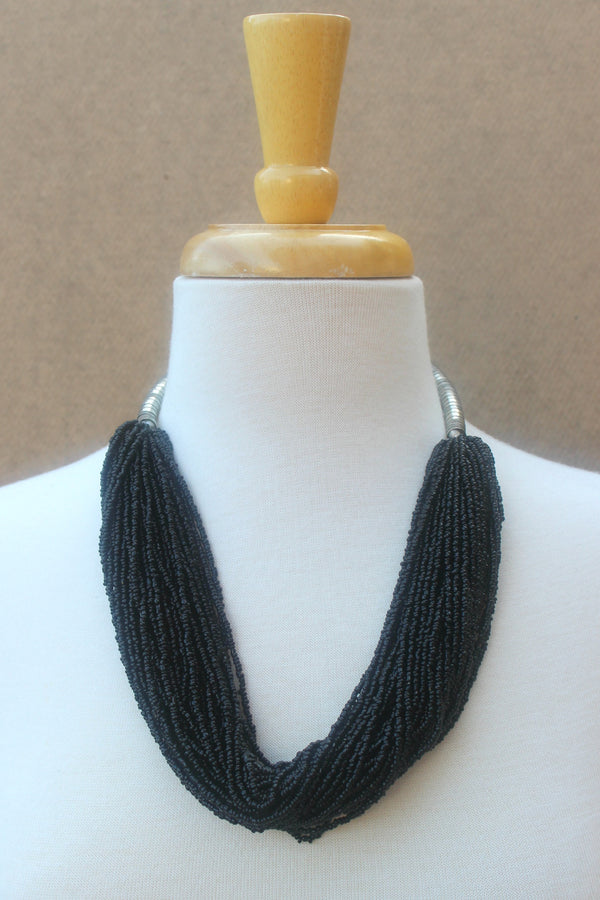 Black Multi-Strand Seed Bead Necklace w/Chunky Brass Accents - Vintage  Renude