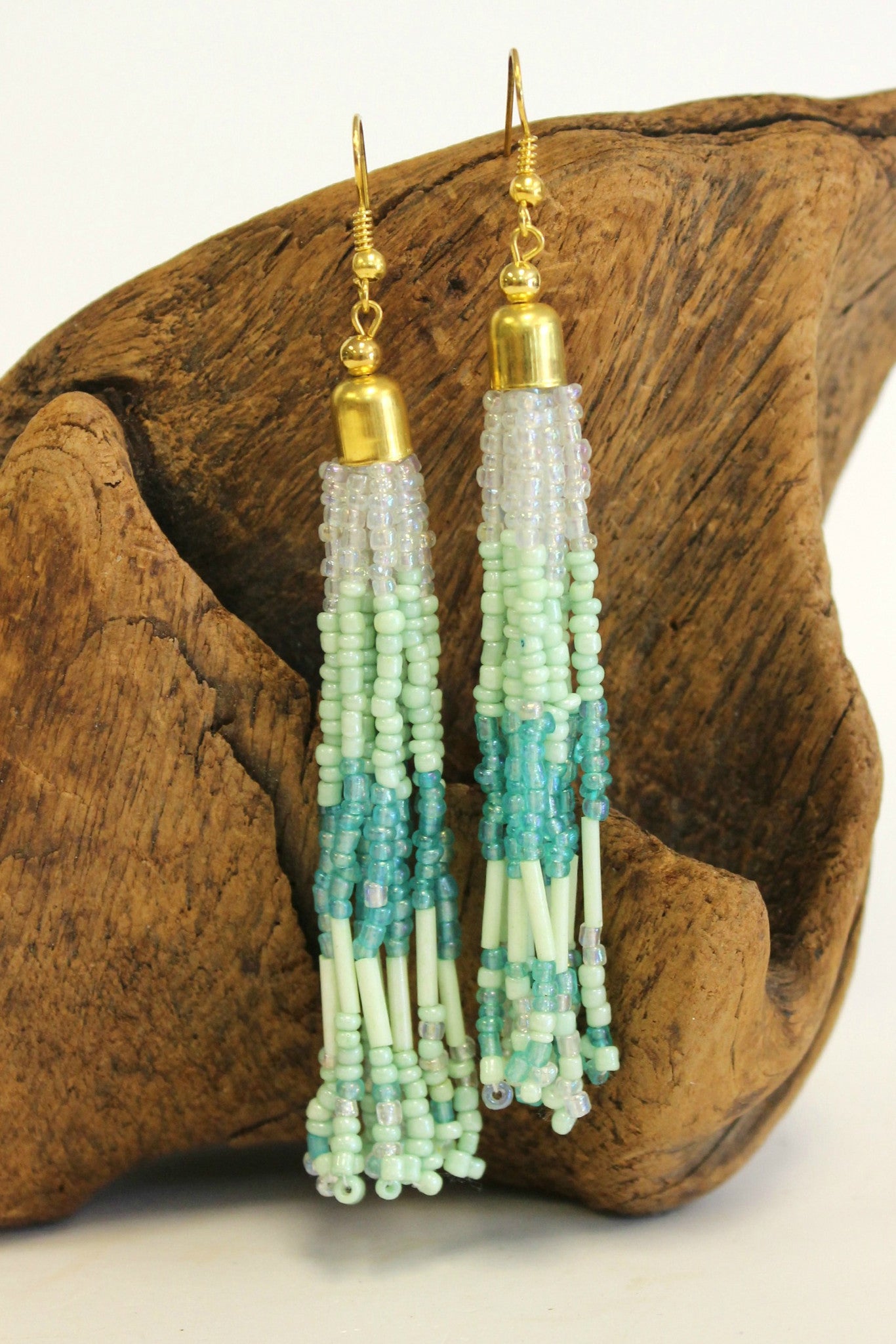 Seed Bead Tassel Earrings, Mint