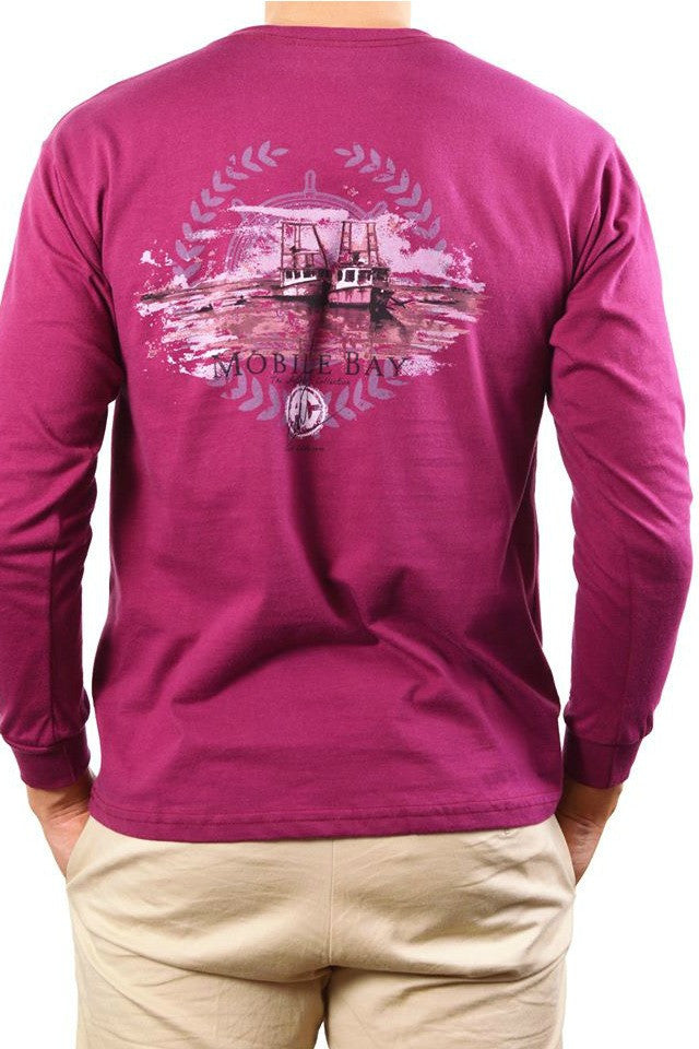 Mobile Bay: Morning Boats Long Sleeve Tee, Burgundy