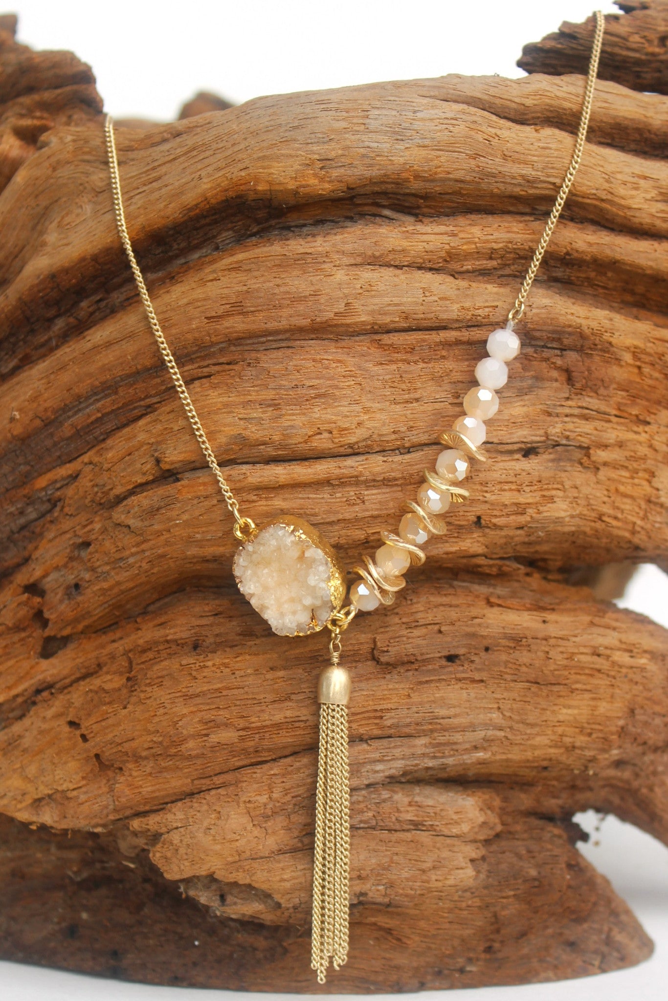 Druzy Stone with Tassel Necklace, Peach