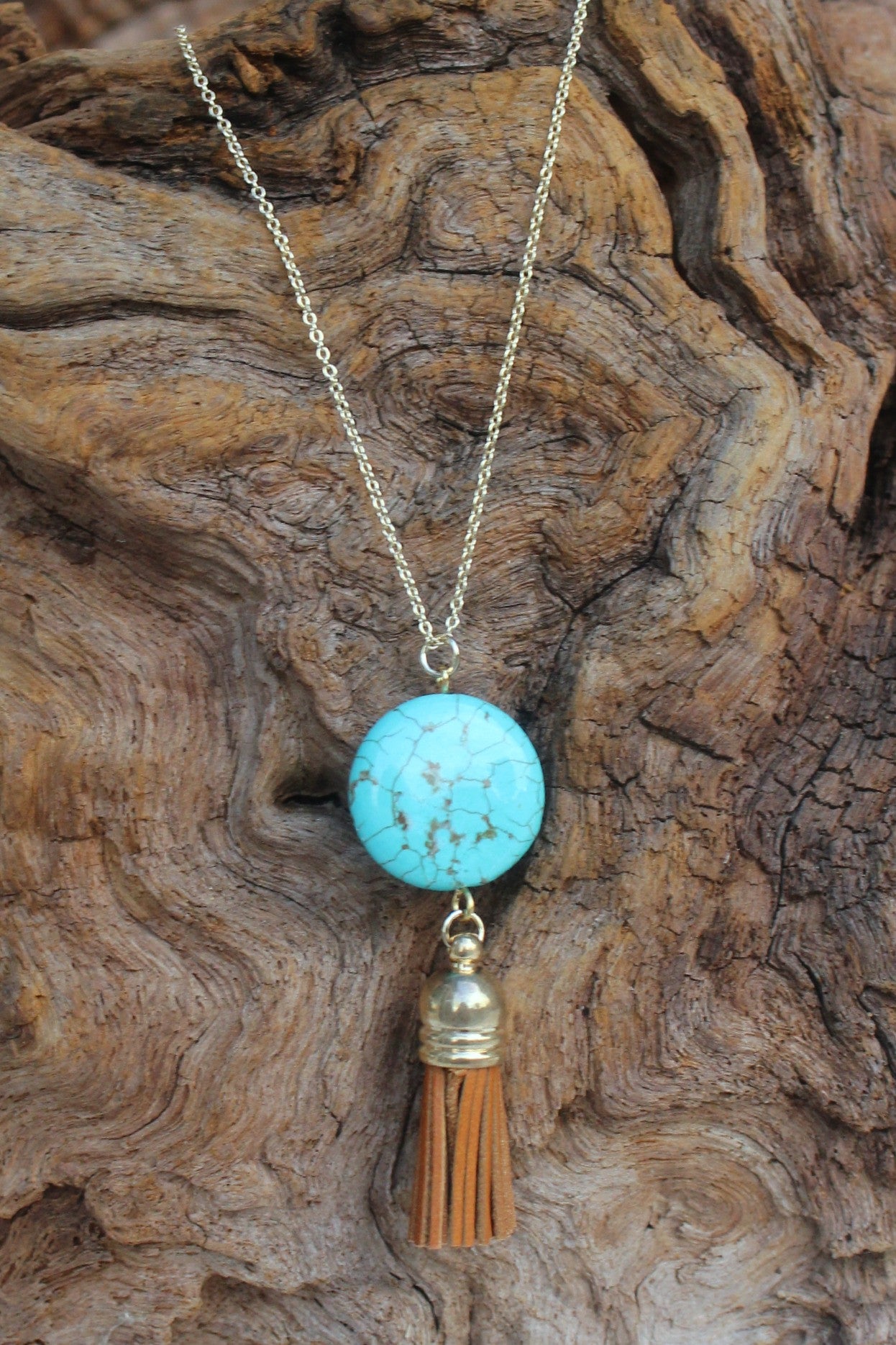 Round Stone and Tassel Pendant Necklace, Turquoise