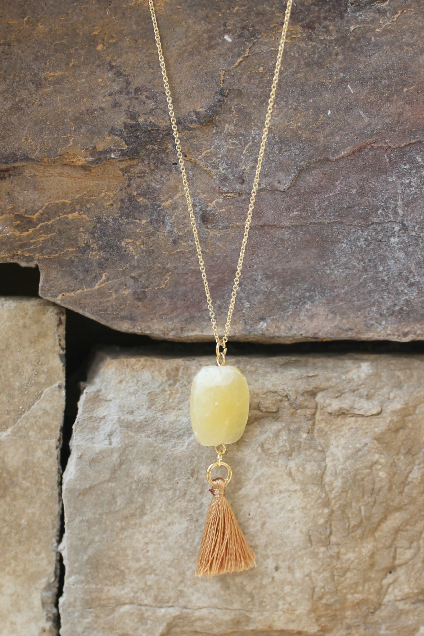 Stone and Tassel Necklace, Yellow