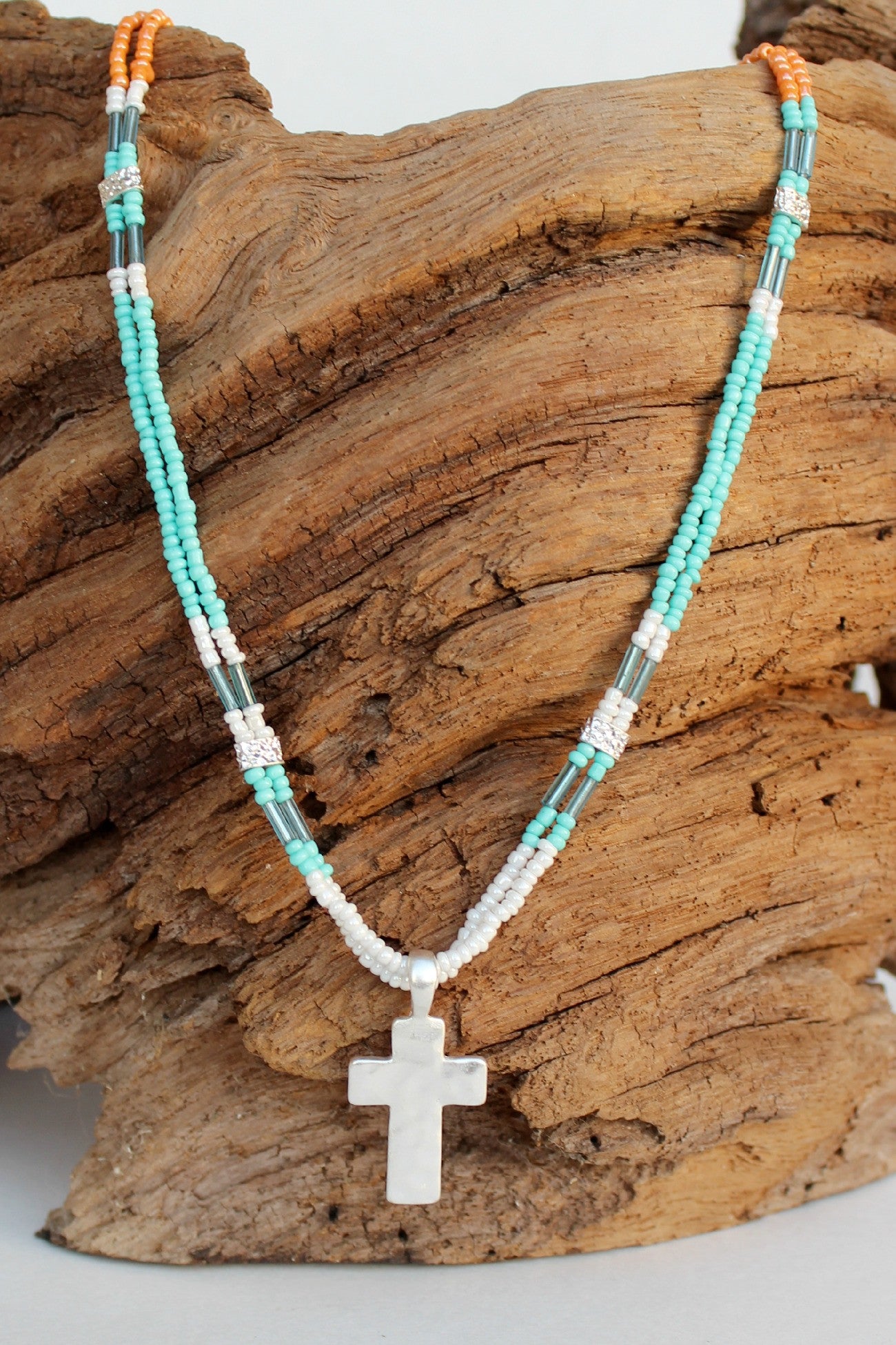 Colorblock Seed Bead Cross Necklace, Turquoise