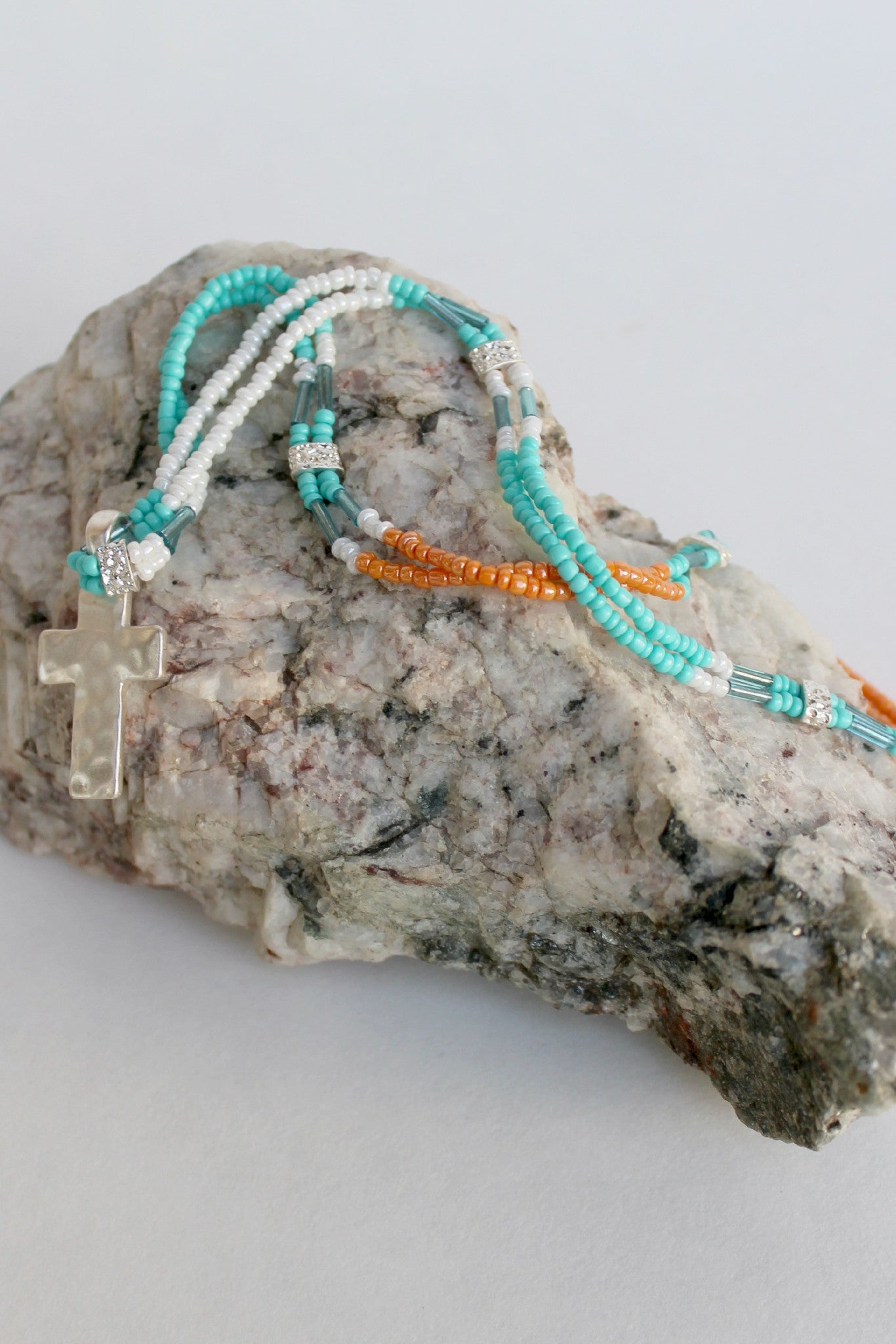 Colorblock Seed Bead Cross Necklace, Turquoise